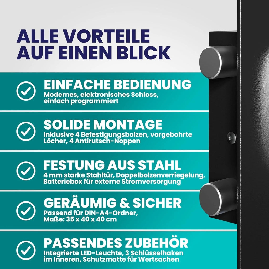 ® XXL Cassaforte Elettronica 35x40x40cm Doppi Bulloni Illuminazione Interna Cassetta Sicurezza Documenti Nero
