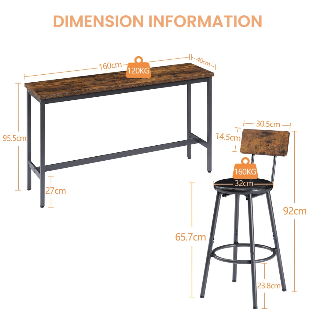 Set tavolo da bar ULEVR 160x40 cm con 3 sgabelli imbottiti con schienale, marrone rustico e nero