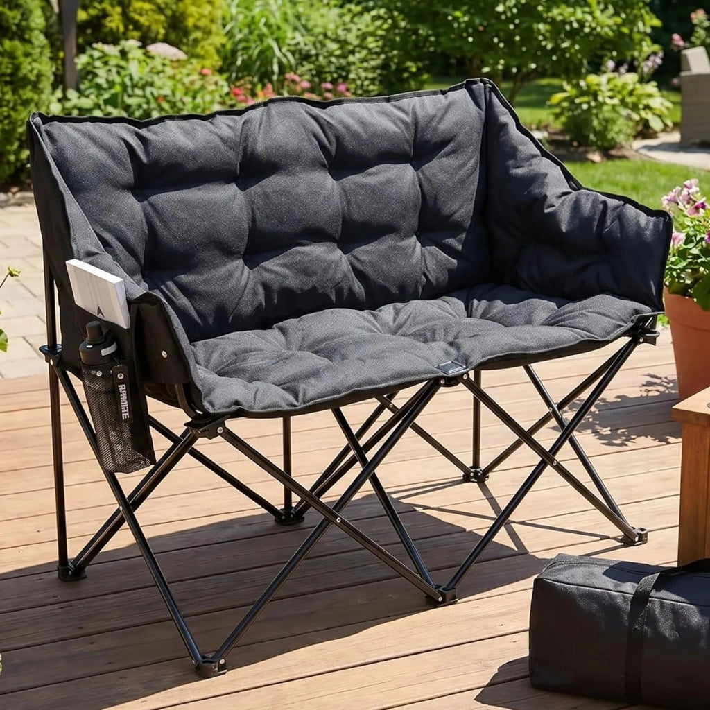 Sedia da Campeggio per 2 Persone, Divano da Campeggio Doppia 320KG, Sedia da Campo Portatile, con Tasca Laterale e posteriore, borsa per il trasporto, per Giardino, Spiaggia, Pesca, Grigio