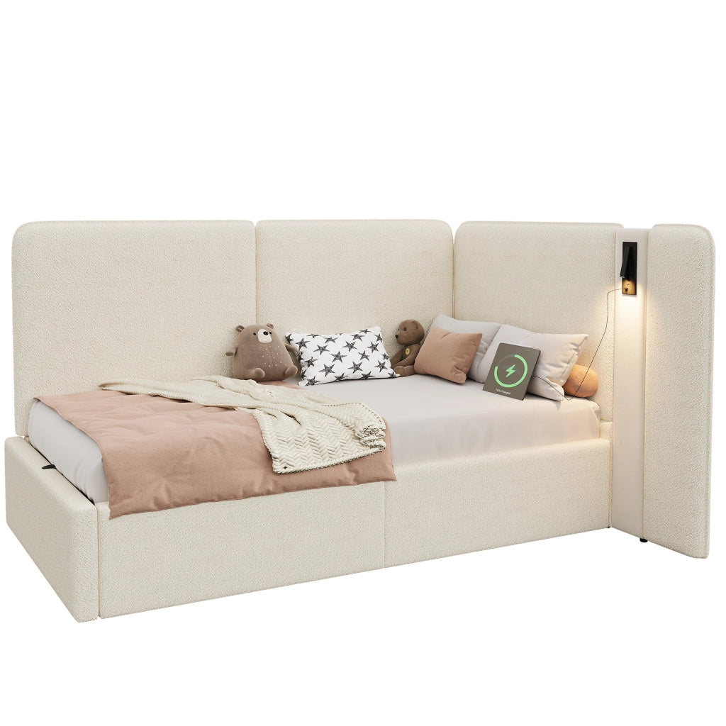 Letto contenitore 90x200 cm con lampada da lettura; USB e Type-C; bouclé beige