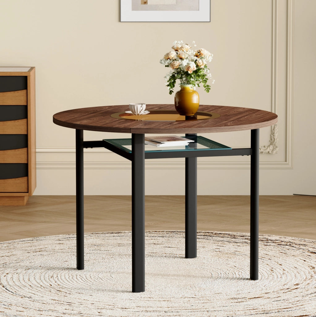 Tavolo rotondo 100 cm in MDF con inserto in vetro e struttura in metallo; marrone/nero