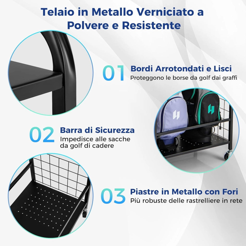 Organizer per Sacca da Golf, Supporto per 2 Borse da Golf con Extra Scaffale di Stoccaggio per Mazze da Golf, 6 Ganci Rimovibili e 4 Ruote per Garage e Club