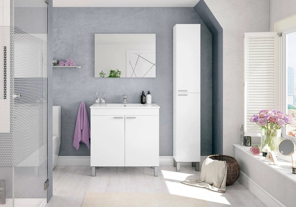 Colonna Bagno Ark, Mobile a colonna per bagno a 2 ante, Armadio pensile sospeso con 2 ripiani, cm 30x25h182, Bianco lucido