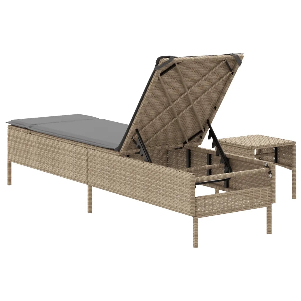 Lettino Prendisole | Sdraio da giardino | Lettino da sole con Tavolo e Cuscino Beige in Polyrattan