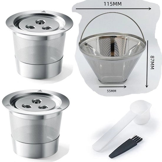 Capacitore di filtro riciclabile in acciaio inossidabile Adatto per accessori per macchina per caffè Ninja - 2 hardware K-cups con tre fori + filtro in acciaio inossidabile + spazzola per tazza