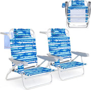 Set di 2 Sedie da Spiaggia Pieghevoli, Spiaggina con Schienale Regolabile in 5 Posizioni, Sdraio Mare con Portabicchieri e Portaasciugamani, Lettino Prendisole per Campeggio, Picnic (Blu)