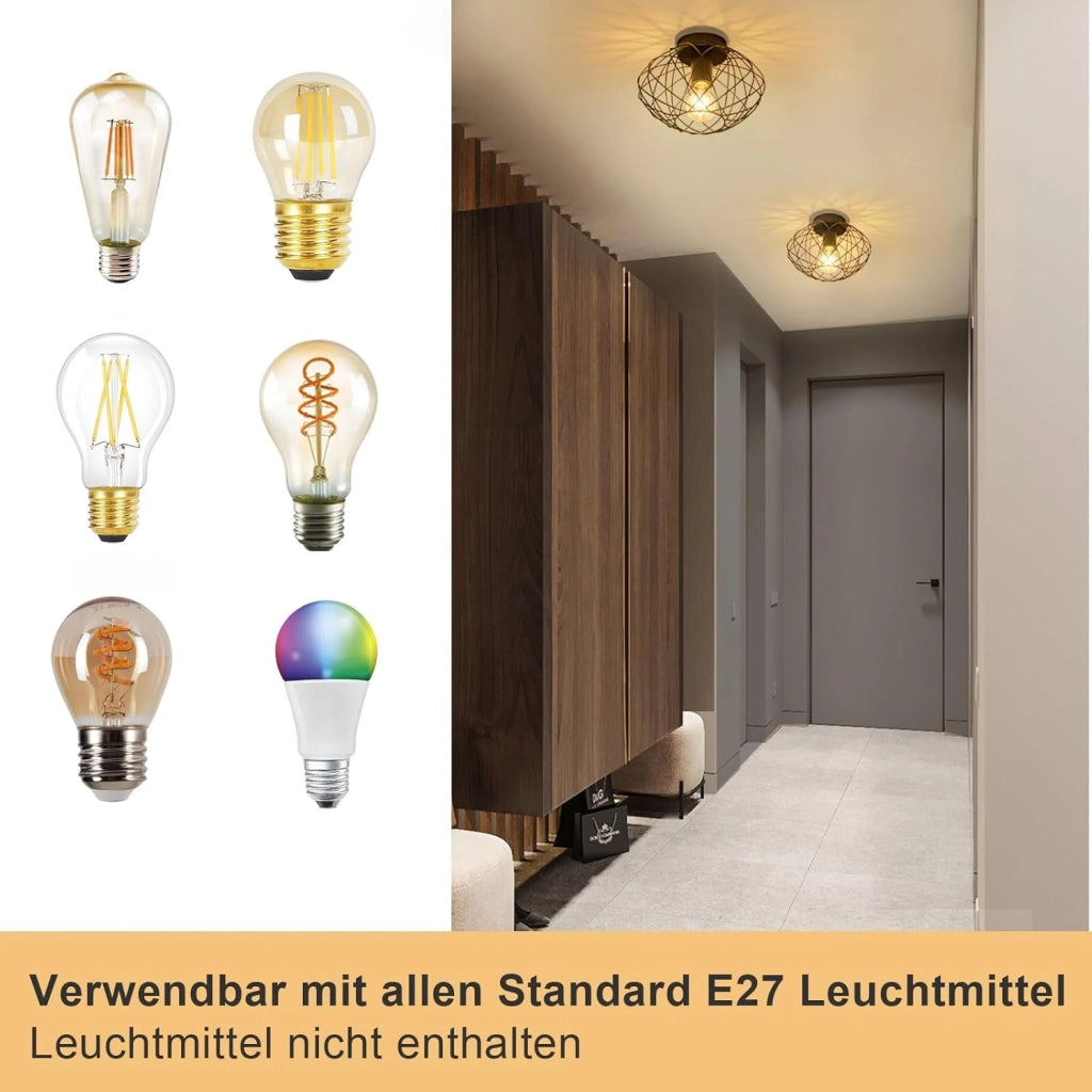 ZMH Lampada da soffitto plafoniera vintage nera 25cm griglia gabbia
