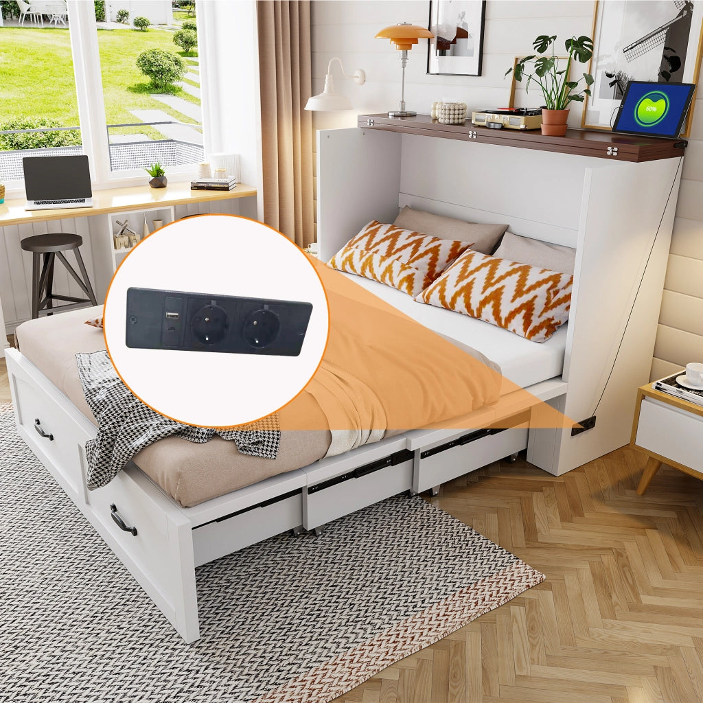 LETTO pieghevole estraibile 140x200 cm in legno e metallo bianco con presa UE
