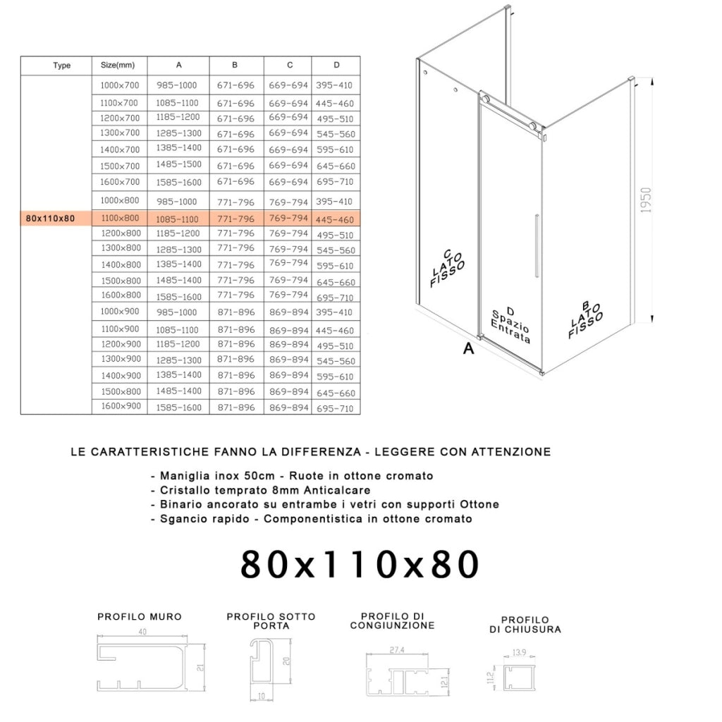 Box doccia 3 lati fume porta scorrevole h195 8mm euclide, misura 80x110x80