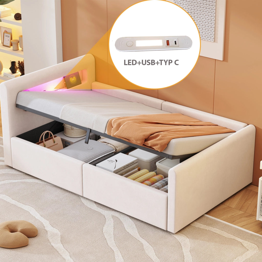 Letto imbottito singolo 90×200 cm con LED; luce notturna; USB e contenitore idraulico; senza materasso; beige