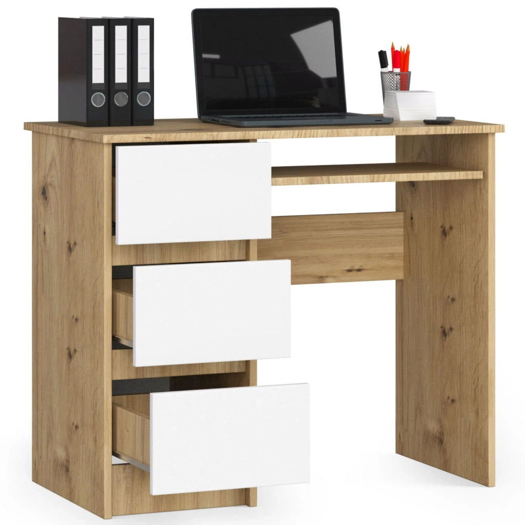 Scrivania per computer AKORD A6 Quercia Artisan 90 cm 3 cassetti inserto frontale Bianco 90x50x77 cm Modello a sinistra