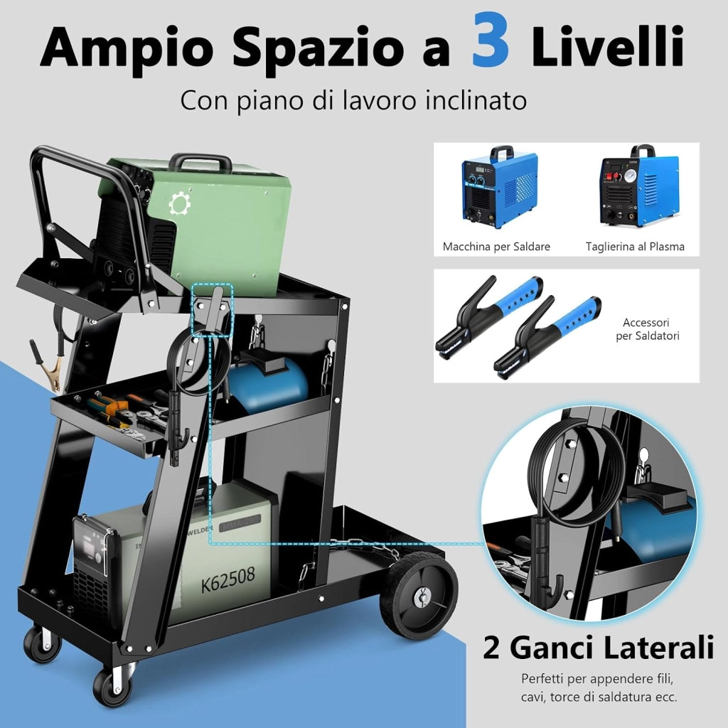Carrello da Saldatura a 3 Livelli, Carrello per Saldatore con Struttura in Metallo, 4 Ruote Bloccabili Universal e Spazio per Serbatoio con Catene Anti-Ribaltamento, Carrello per Officina
