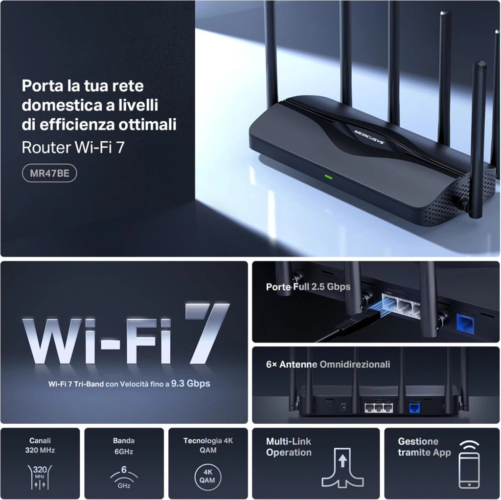 TP-Link MR47BE Router WiFi 7 tri-band BE9300, 320 MHz, 4K-QAM, MLO, 4 Porte da 2,5 Gbps, Banda da 6 GHz, Beamforming, EasyMesh, 6 Antenne ad Alto Guadagno, Configurazione Semplice