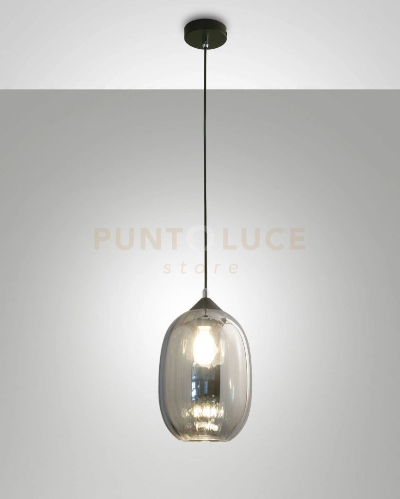 INFINITY  SOSPENSIONE 1 LUCE D.20cm IN VETRO  FUME' E STRUTTURA IN METALLO NERA ATTACCO E27 SMART C/ACCESS.