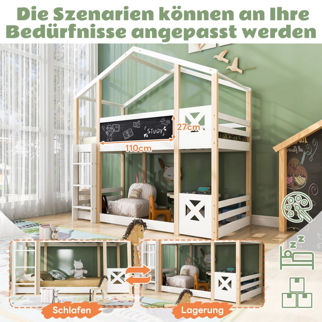 Letto a Soppalco per Bambini 90×200 cm; Letto Singolo con Scala e Lavagna; senza Materasso; Bianco