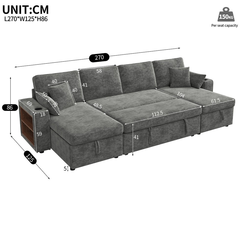 Divano Angolare a U con Funzione Letto, Contenitore, Dormeuse e USB ¨C Xylo ¨C Grigio