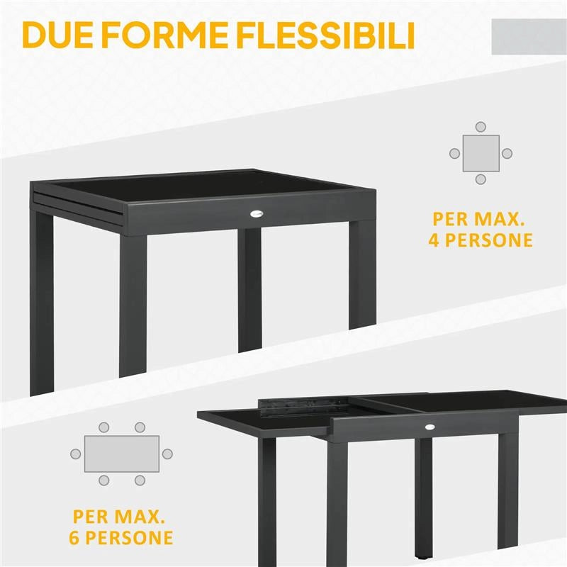 TAVOLO DA PRANZO ALLUNGABILE DA GIARDINO CON PIANO IN VETRO E ALLUMINIO 80-160X80X75 CM NERO
