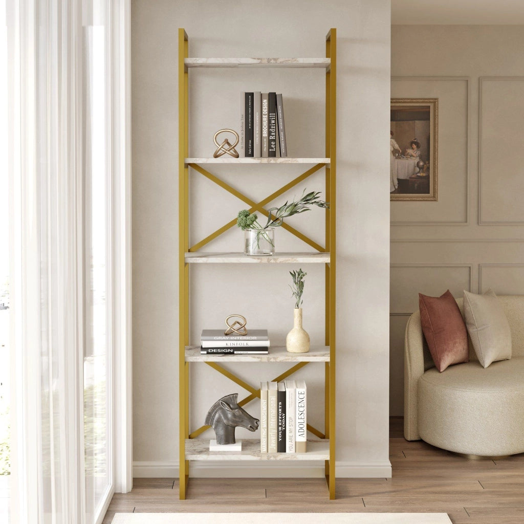 Biblioteca Trecenta, Libreria 5 Ripiani, 58x30x175h cm Bianco Marmo
