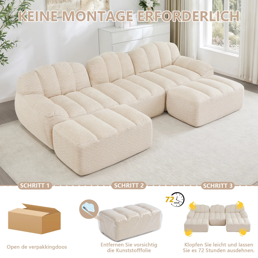 Divano modulare a U senza struttura con 2 ottomani e seduta profonda in pile granulare beige bianco