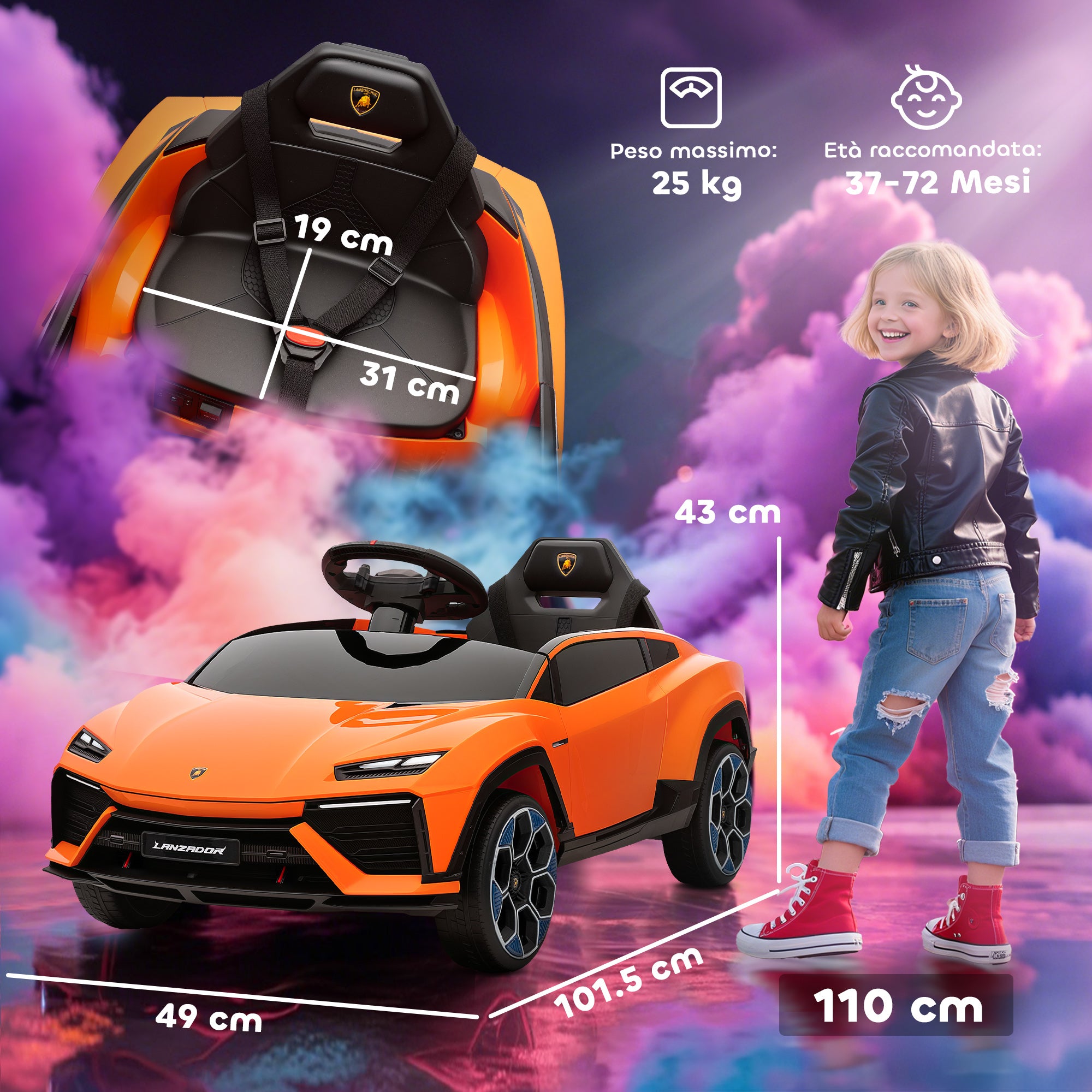 Macchina Elettrica per Bambini 101.5x49x43 cm Licenza Lamborghini 12V con Luci LED Clacson e Telecomando Arancione