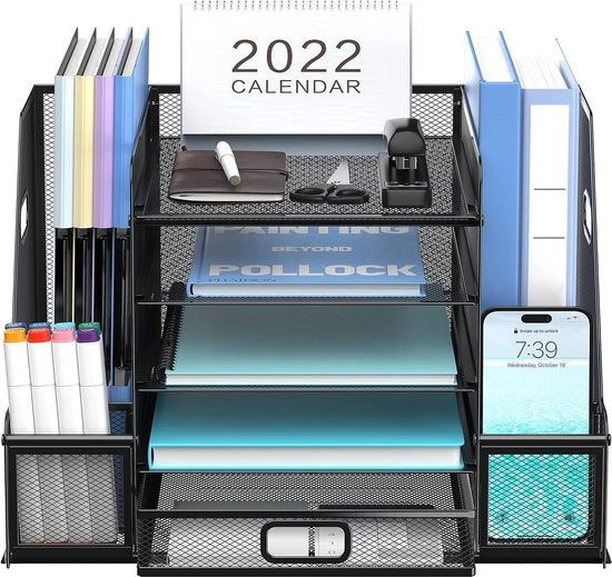 Organizzatore di ufficio 5 livelli con contenitore per documenti, organizzatore di ufficio con lavello e organizzatore di ufficio a maglia con contenitore per riviste, nero