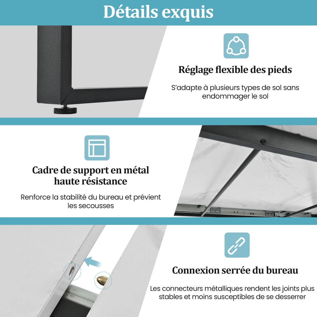 OKWISH Tavolo da Pranzo Allungabile con Piano Effetto Marmo, Piedini Regolabili, Struttura in Metallo, MDF Bianco