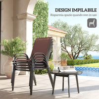 Set 4 Sedie da Giardino 54x71x93 cm Impilabili con Braccioli Curvi in Acciaio e Tessuto Traspirante Marrone