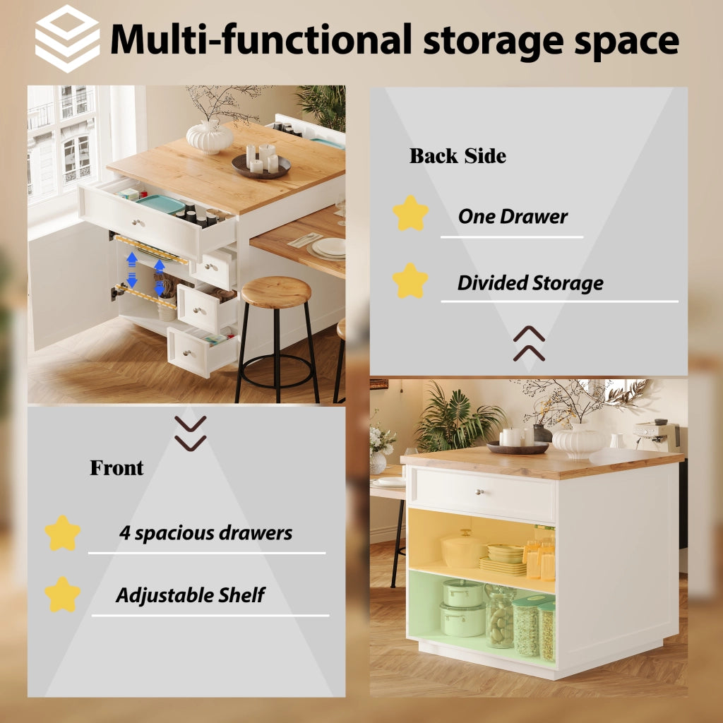 Isola Cucina Allungabile con Cassetti e Ruote ¨C MINIMAL ¨C Bianco, Piano Effetto Legno, 120-184 cm