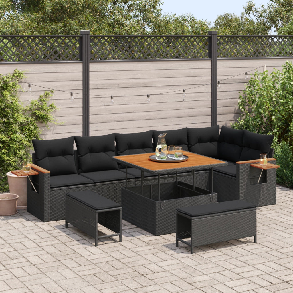 Set di Divano da Giardino con Cuscini 9 Pezzi Polyrattan Nero Acacia