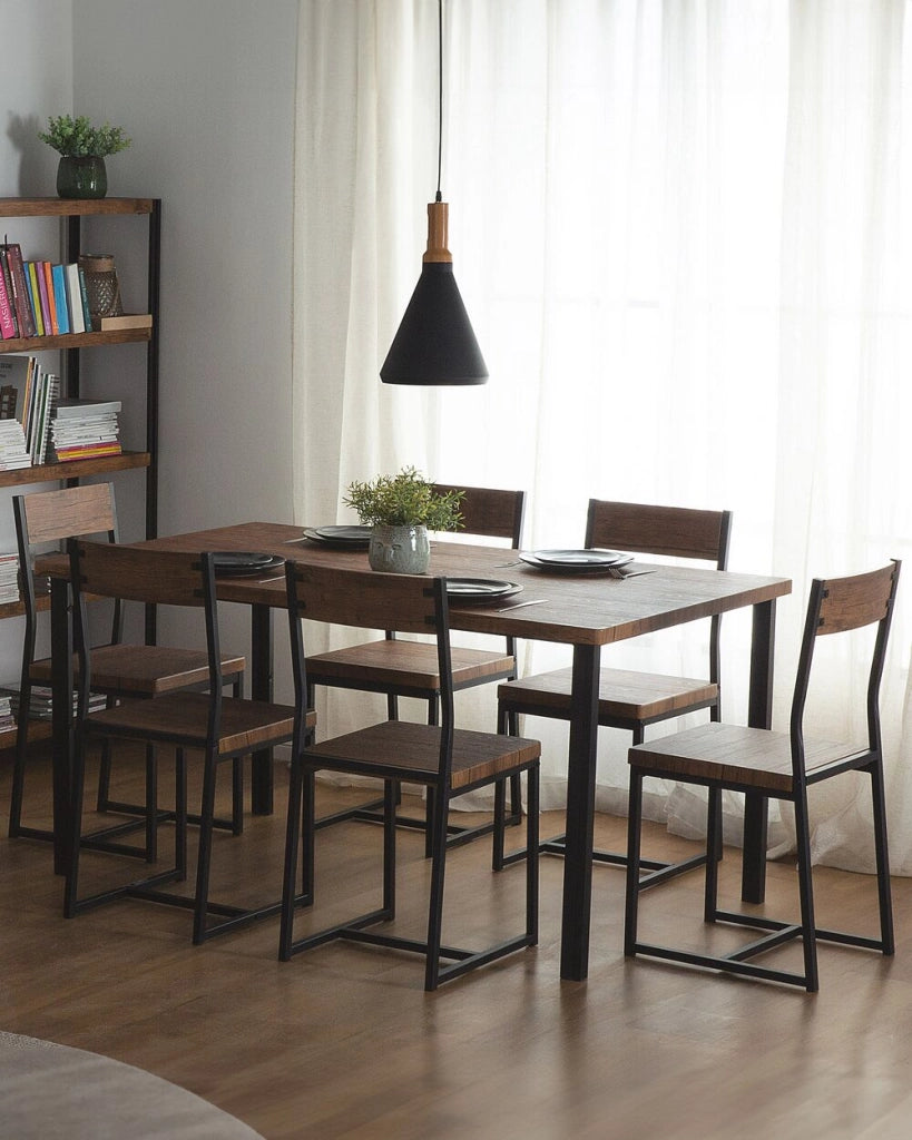 Set di 6 sedie da pranzo in legno scuro con gambe in metallo da cucina industriale