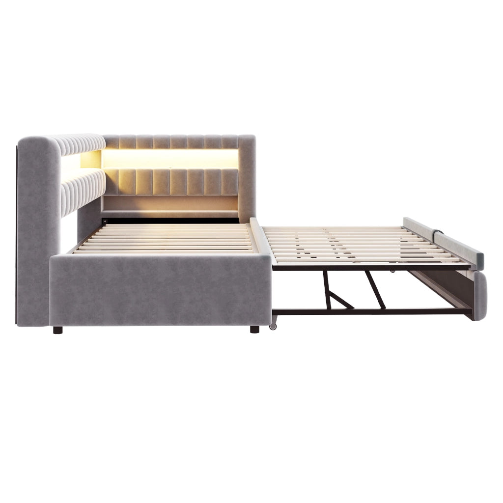 Letto imbottito estraibile 90x200 cm con LED, porte USB e Type-C, velluto grigio chiaro