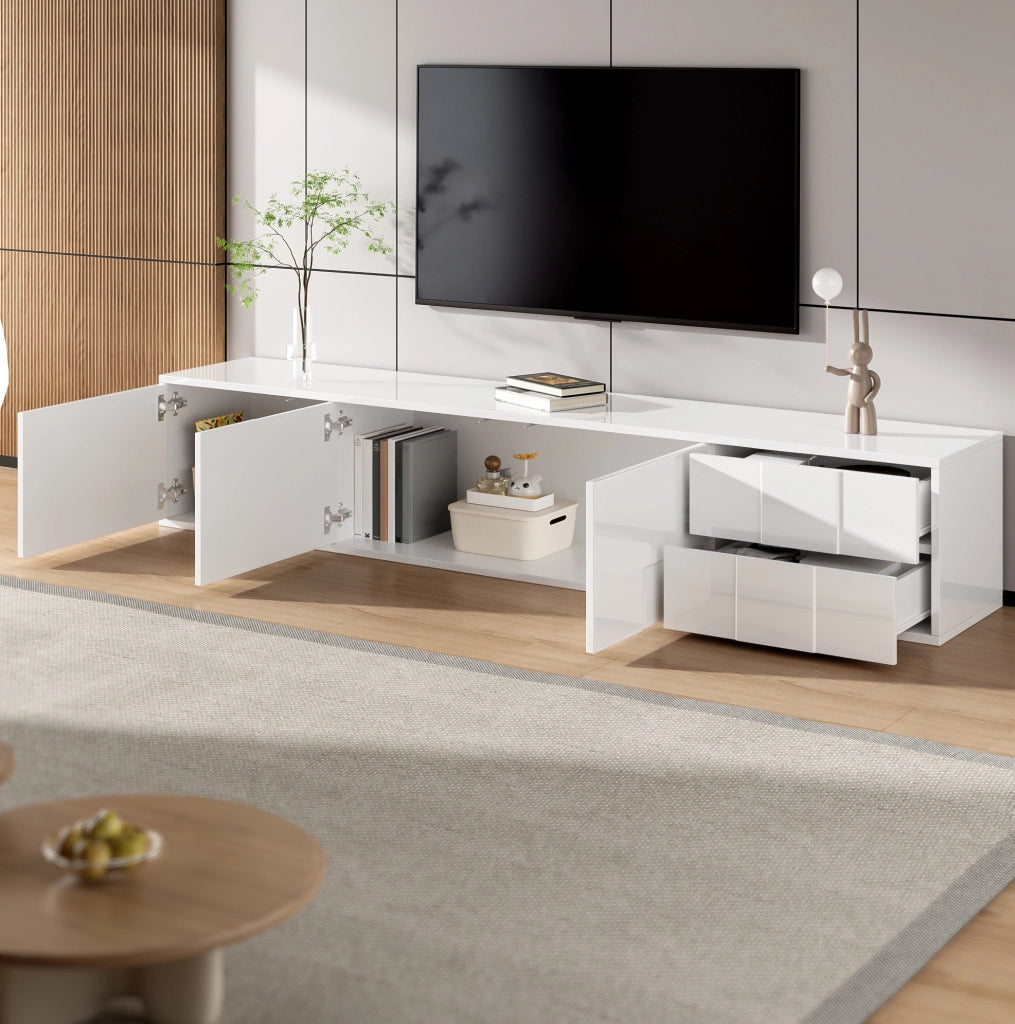 Mobile TV 170x30x30.5 cm con 3 ante e 2 cassetti; installazione a parete o a terra; MDF e pannelli di particelle bianco
