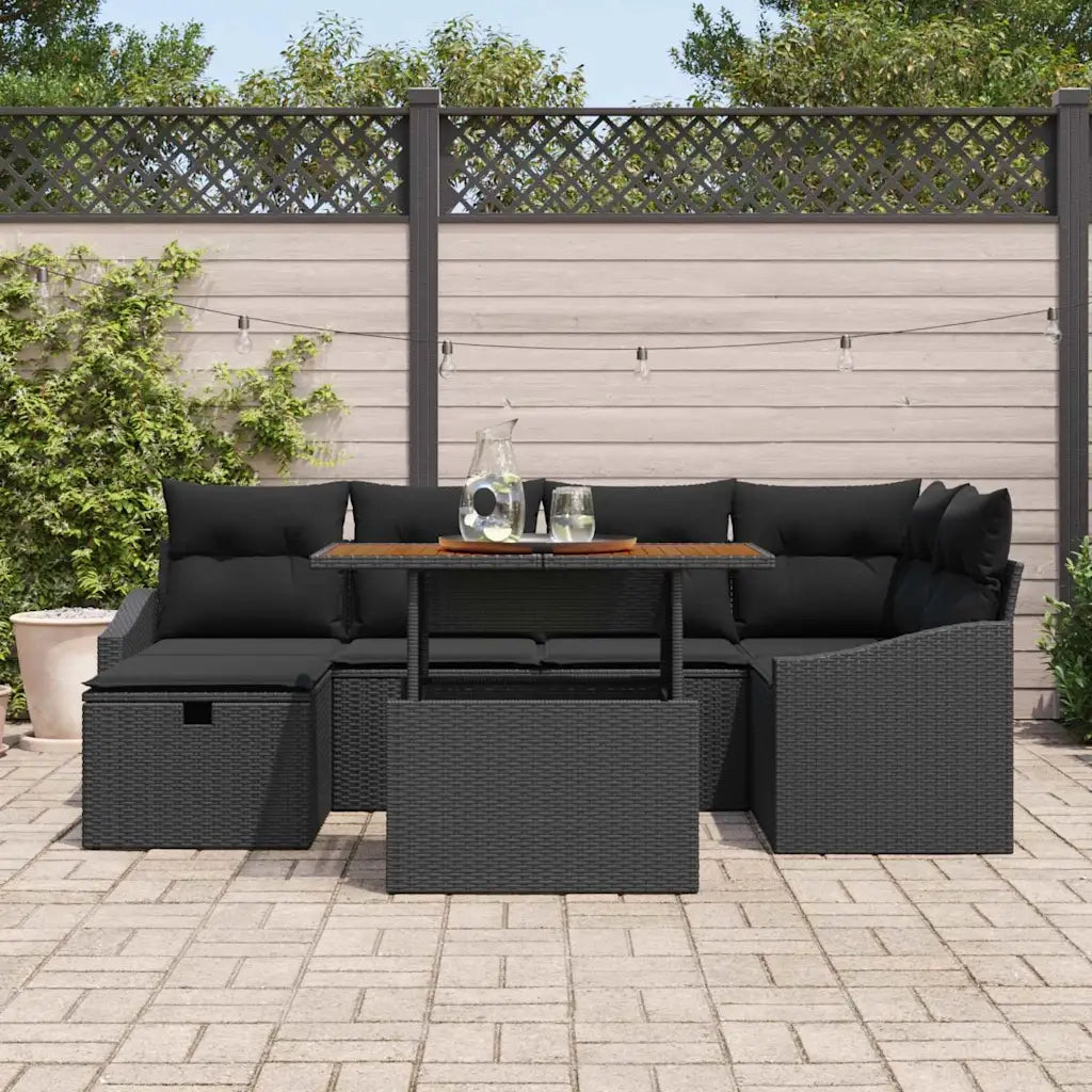 Set Divano da Giardino con cuscino 7 pcs Nero polyrattan