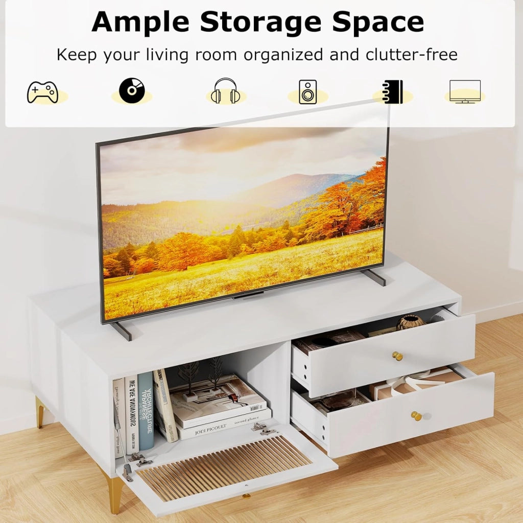 Mobile TV, mobile TV, mobile TV, supporto per TV fino a 55 pollici, cassettiera con 2 cassetti e porta apribile in vetro temperato, mensola TV 120 x 62 x 46 cm