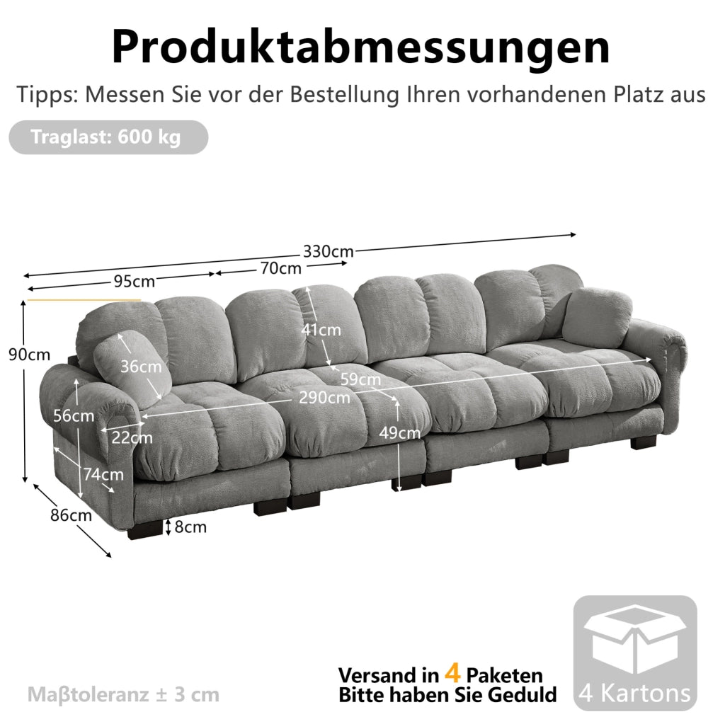 Divano modulare in chenille con cuciture trapuntate e cuscino mobile 330x86x90 cm; grigio chiaro