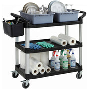 Carrello Pulizie Professionale a 3 Ripiani con 2 Contenitori Rimovibili. Bidone Laterale e 4 Ruote. Nero
