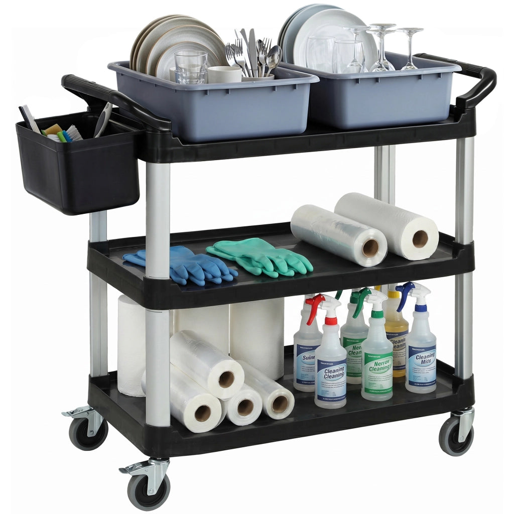 Carrello Pulizie Professionale a 3 Ripiani con 2 Contenitori Rimovibili. Bidone Laterale e 4 Ruote. Nero