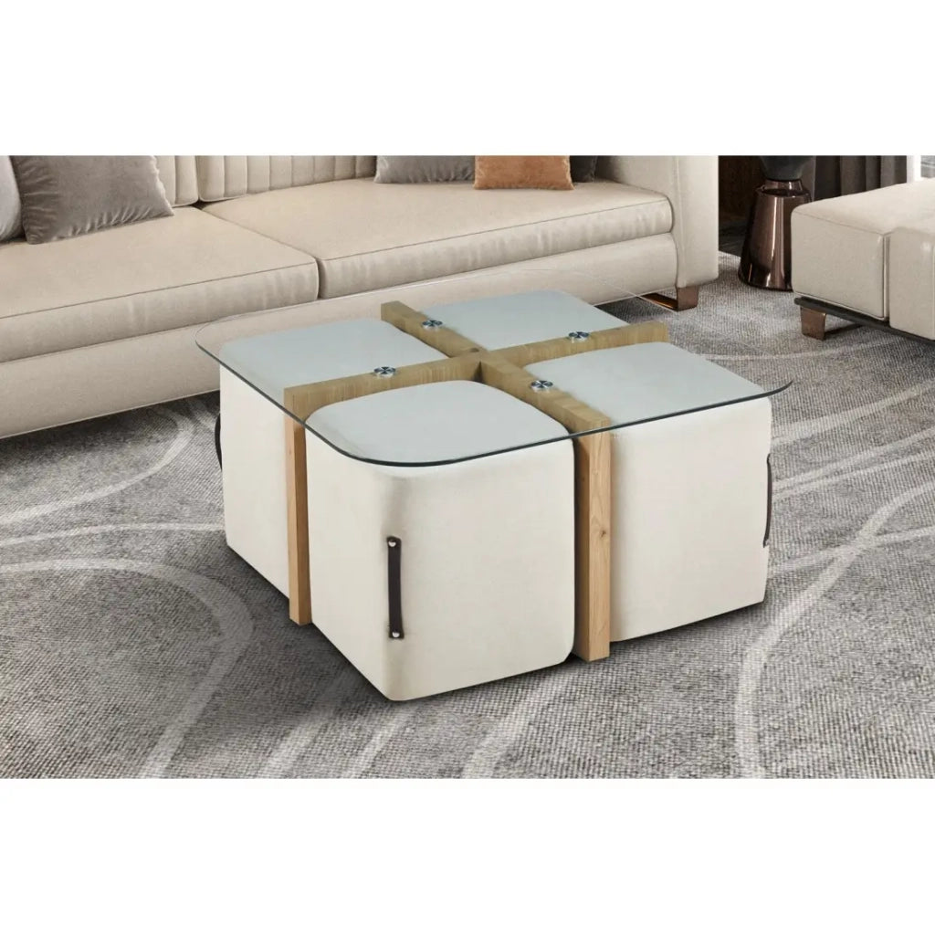 Tavolino QUADORA – Quadrato 90x90 cm – Vetro & quercia invecchiata – Con 4 pouf bianchi – Design pratico ed elegante