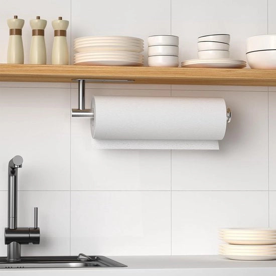 Sostegno autoadesivo per carta da cucina - Fissaggio in acciaio inossidabile per parete - Con 2 ganci multifunzionali