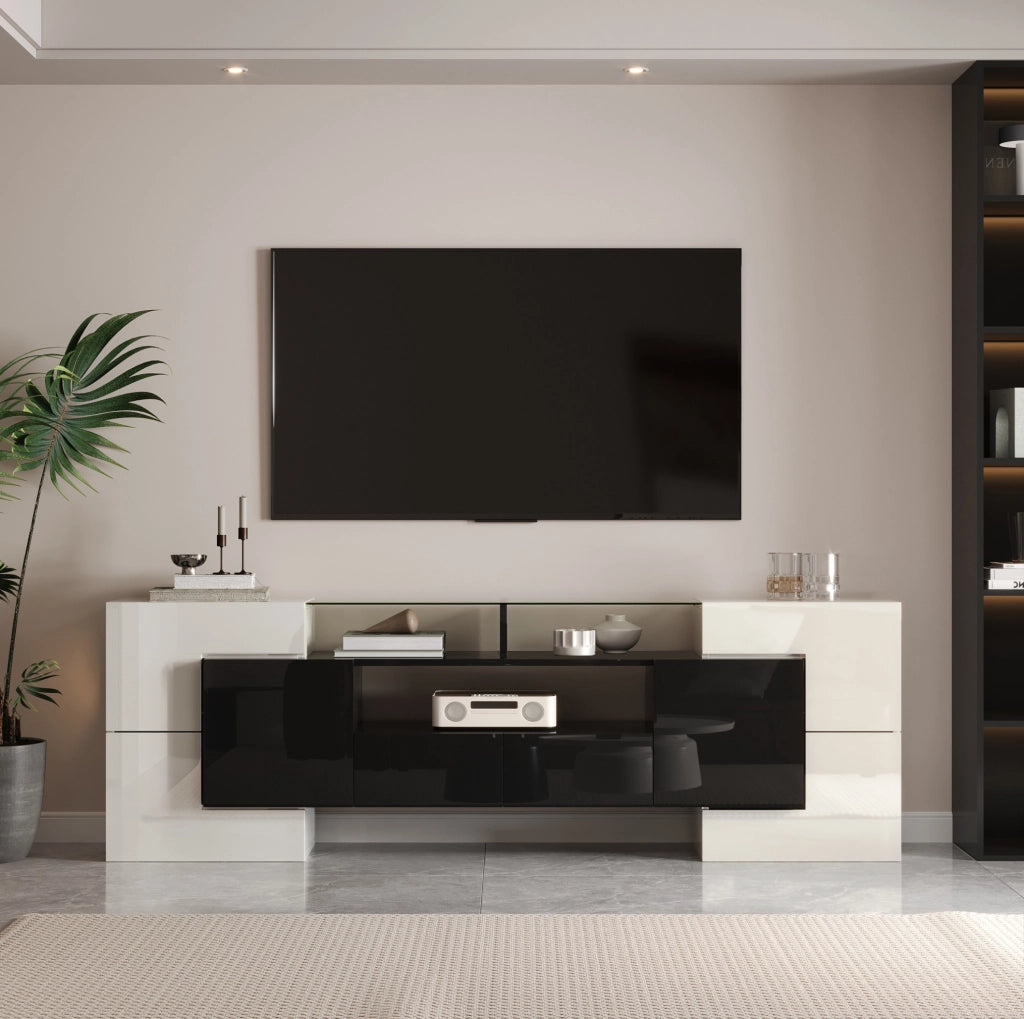 Mobile TV moderno 200x35x60 cm bianco e nero lucido con LED, 6 ante, 2 cassetti e 3 vani