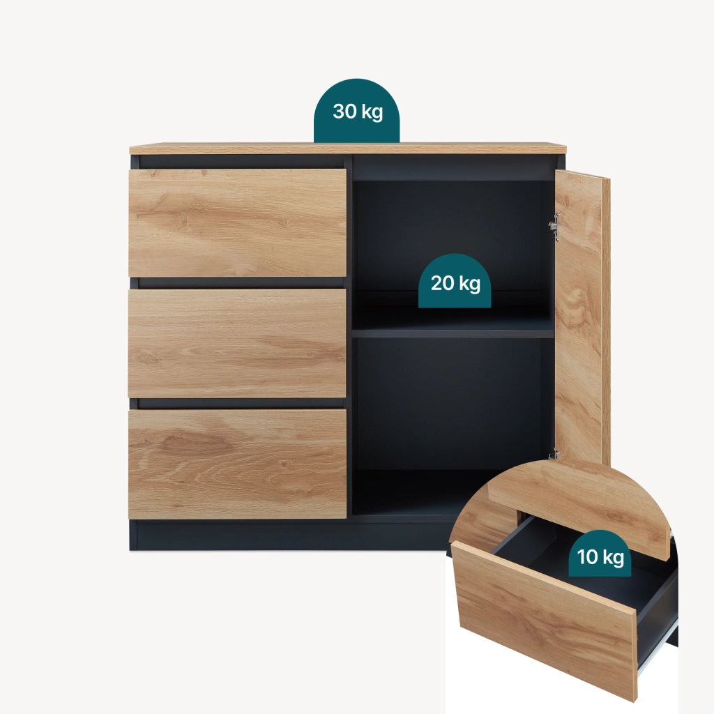 Credenza Mobile Contenitore Kyr Comò con Anta e 3 Cassetti 80 x 40 x 75 cm - Nero/Effetto Rovere Rustico [en.casa]