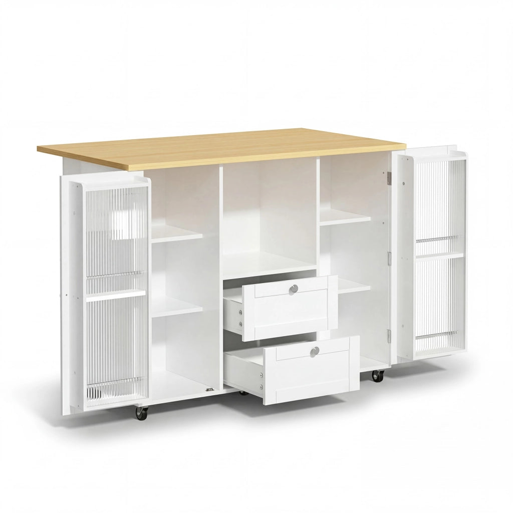 Isola da cucina, piano ribaltabile, con rotelle, armadietto, 2 cassetti, finitura effetto legno, bianco