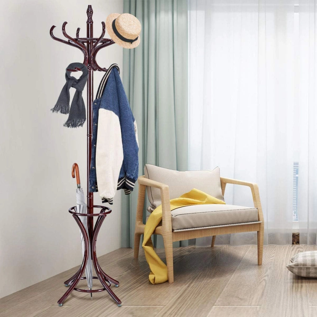 Appendiabiti da 184 cm, Scaffale per Abiti e Cappelli, Appendiabiti in Legno con 12 Ganci, Supporto per Ombrellone, Portabiti Autoportante, per Ingresso, Ufficio, Soggiorno (Marrone)