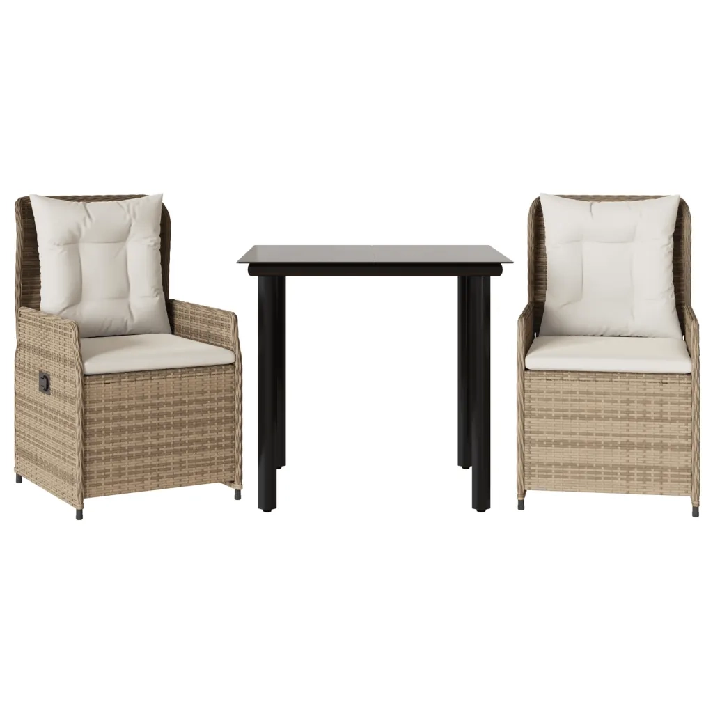 Set da Pranzo da Giardino 3 pz con Cuscini Beige in Polyrattan