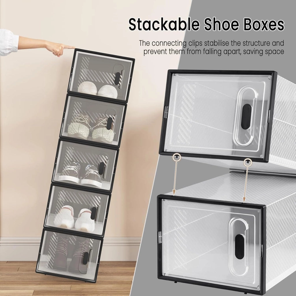 Set di 18 Scatole per Scarpe Trasparenti, Porta Scarpe Impilabile, Scarpiera con Coperchio Magnetico, in Plastica per Guardaroba, Trasparente e Nero, 35x25x19cm