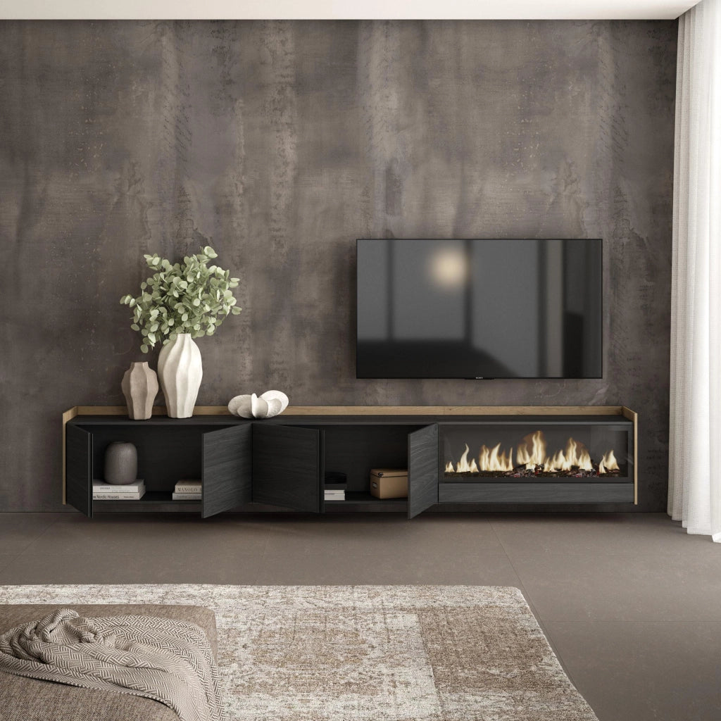 Mobile TV Soggiorno, 315x50x35 cm, Per TV fino a 80", Camino elettrico XXL, Sospeso, da appendere, Nero e rovere