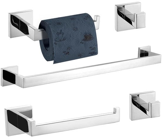Set accessori da bagno 5 pezzi, supporto asciugamani, gancio, supporto rulli, anello asciugamani, fissaggio a parete (argentato lucido)