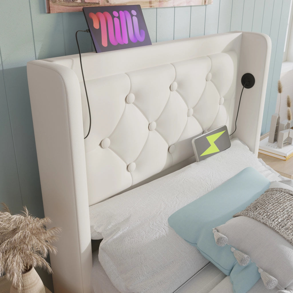 Letto imbottito 90x200 cm con materasso, contenitore e testiera con USB e LED