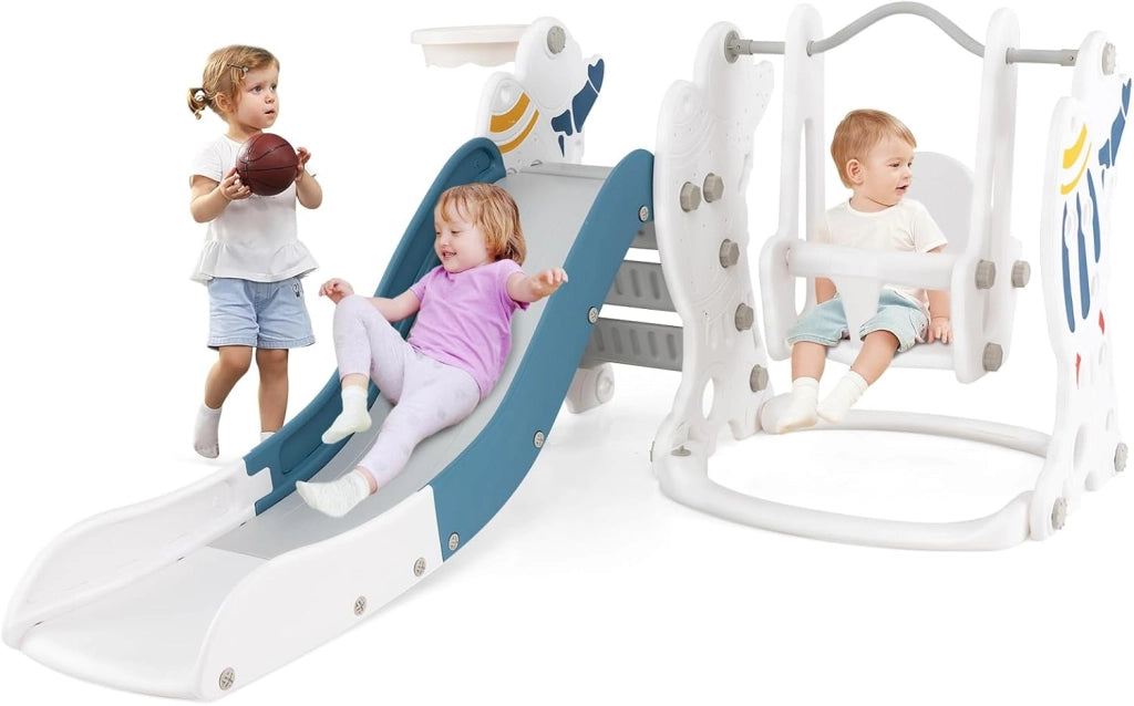 Parco Giochi 6 in 1 Multi Giochi da Giardino, con Altalena e Scivolo, Pallacanestro e Porta da Calcio, 209x174x115 cm, per Bambini 3-8 Anni (Viola)