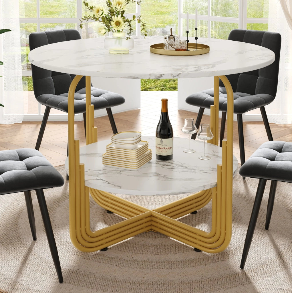 Tavolo da pranzo rotondo 80x80x76 cm con piano effetto marmo in MDF; oro